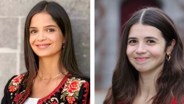 image the head and shoulders of two women, both with long dark hair and smiling.  