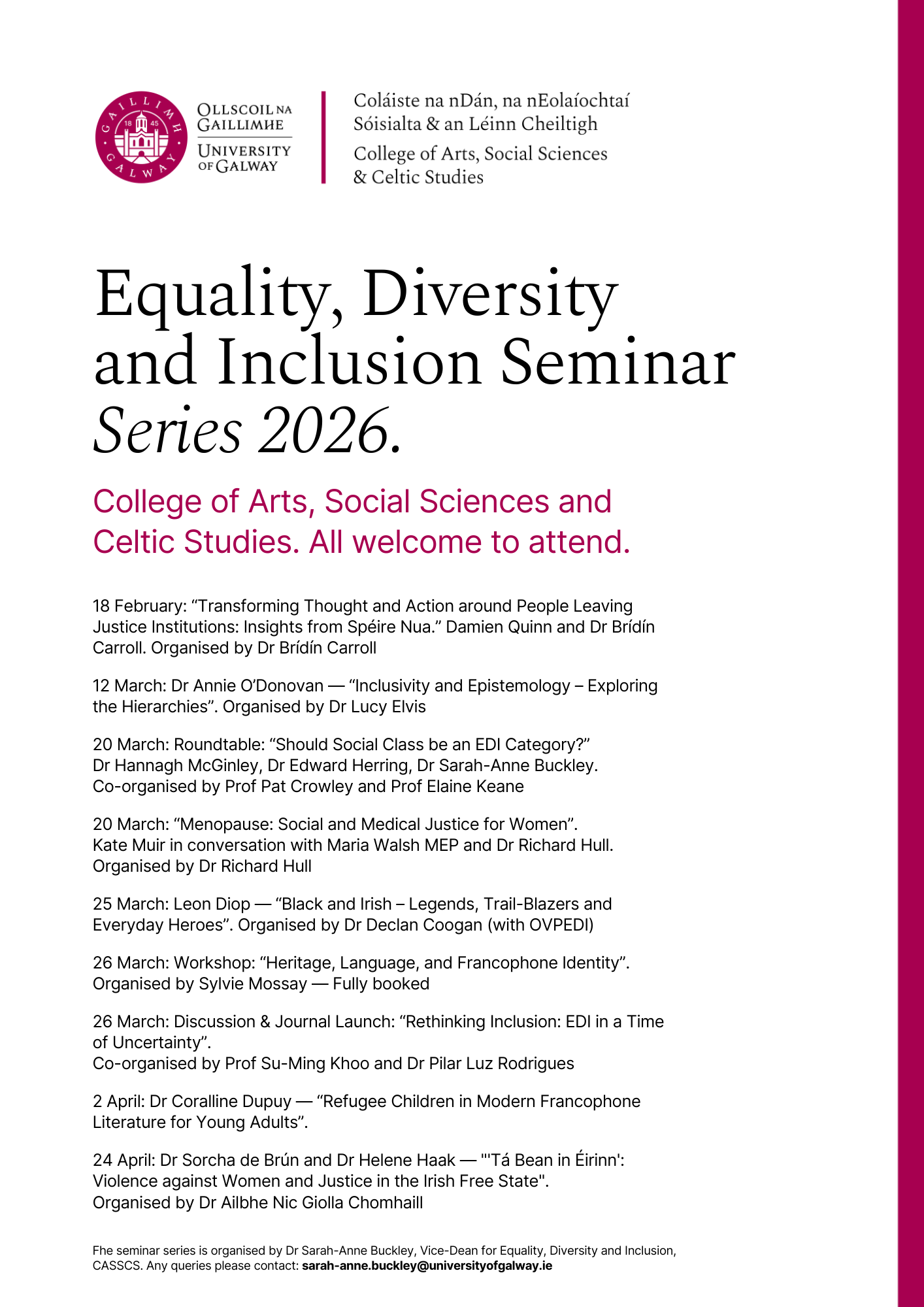 College of Arts, Social Sciences and Celtic Studies' EDI Seminar Series schedule of events for Spring 2026