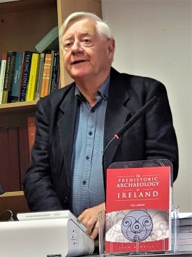Professor John Waddell at the launch of his new edition of 'The Prehistoric Archaeology of Ireland' on Friday 15 September, 2023, in the Moore Institute, College of Arts, Social Science and Celtic Studies. 
