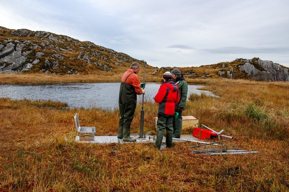 Photo shows preparations being made for coring at the edge of Loch Beag, Barrees, Beara peninsula.