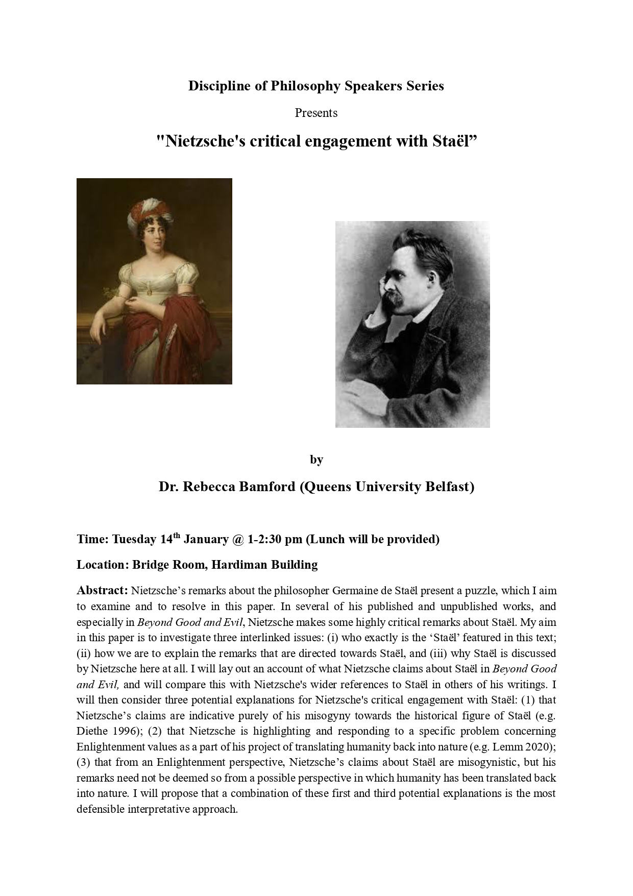 Promotional poster of "Nietzsche's critical engagement with Staël” guest lecture by Rebecca Bamford