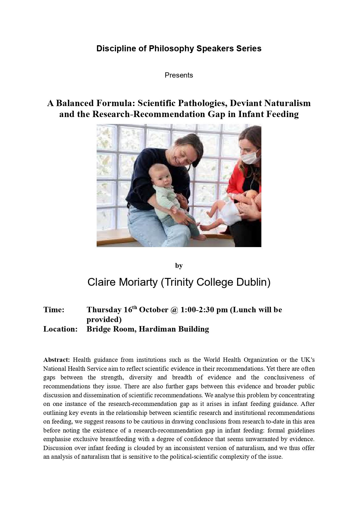 Promotional poster for guest lecture on reproductive health by Claire Moriarty (TCD)