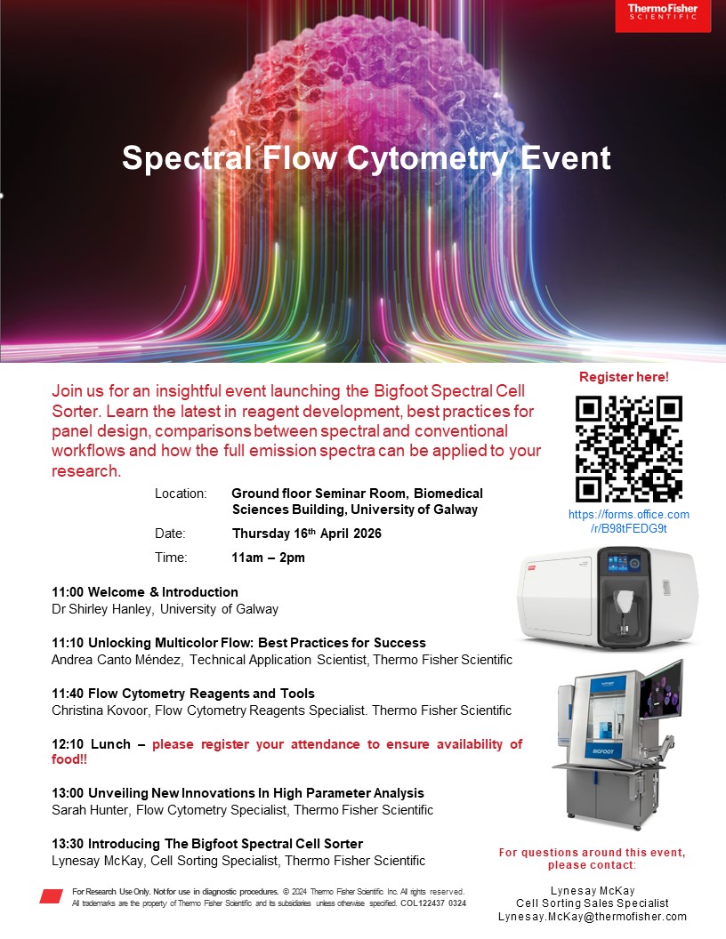 A flyer outlining an event around a flow cytometry cell sorter. on Thursday 16 April 2026 at 11am to 2pm. Lunch is provided. Scan the QR code to register. 11am Welcome, 11:10am Unlocking multicolor flow: best practices for success. 11:40am Flow Cytometry Reagents and Tools. 12:10pm Lunch. 13:00 Unveiling new innovations in high parameter analysis and 13:30pm Introducing the Bigfoot Cell Sorter
