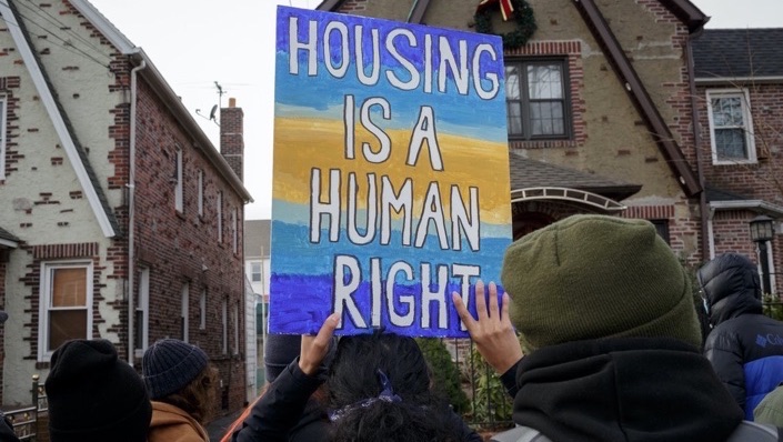 People gather to protest evictions in New York City on Jan. 11, 2021. &copy; Anna Watts/NYTimes/Redux