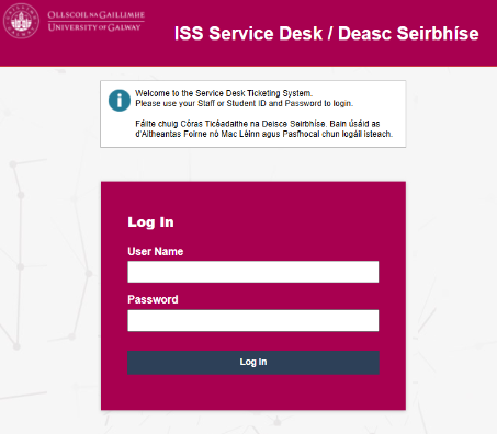 Login page of the Help Desk