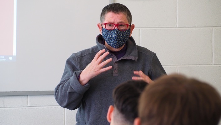 Mary Harney teaching at Coláiste na Coiribe, Knocknacarra, Co Galway in May 2021 (Photo credit: Siji