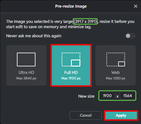 Pixlr pre-resize image with highlighted information 2025