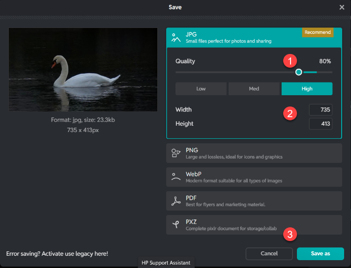 Pixlr Save As with options numbered