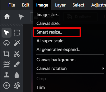 Smart Resize Option on the Image tab dropdown menu in Pixlr