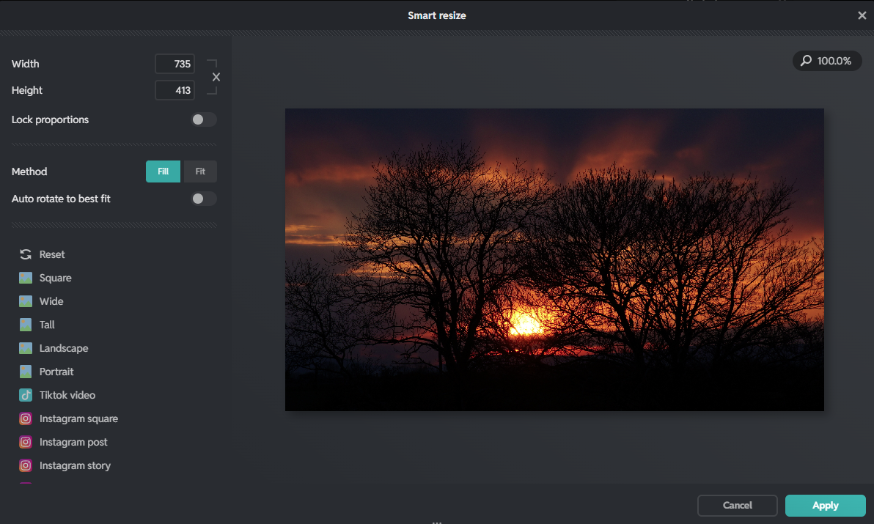 Pixlr Smart Resize Popup with Fill on, Lock Proportions off and new dimensions