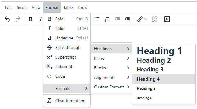 The WYSIWYG editor menu options to select a Heading 4