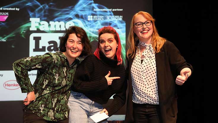 FameLab Galway 2020 winners pictured l-r: Elena Pagter, Helen Horkan and MC Fiona Malone. Photo: NUI