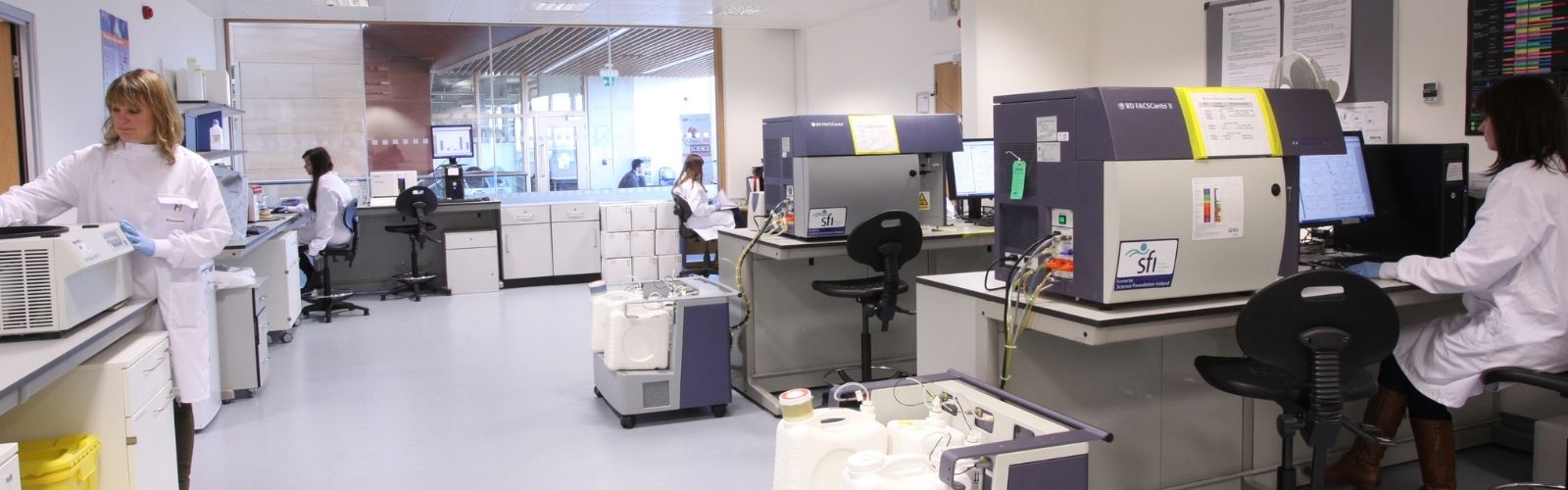 Four people in lab coats in a laboratory working at multiple flow cytometers and other lab equipment